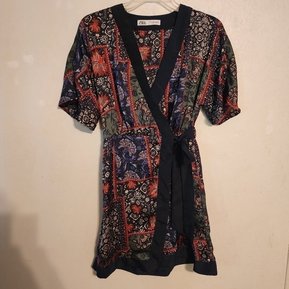 ZARA Multicolor Printed Wrap Effect Dress With Bow Size S